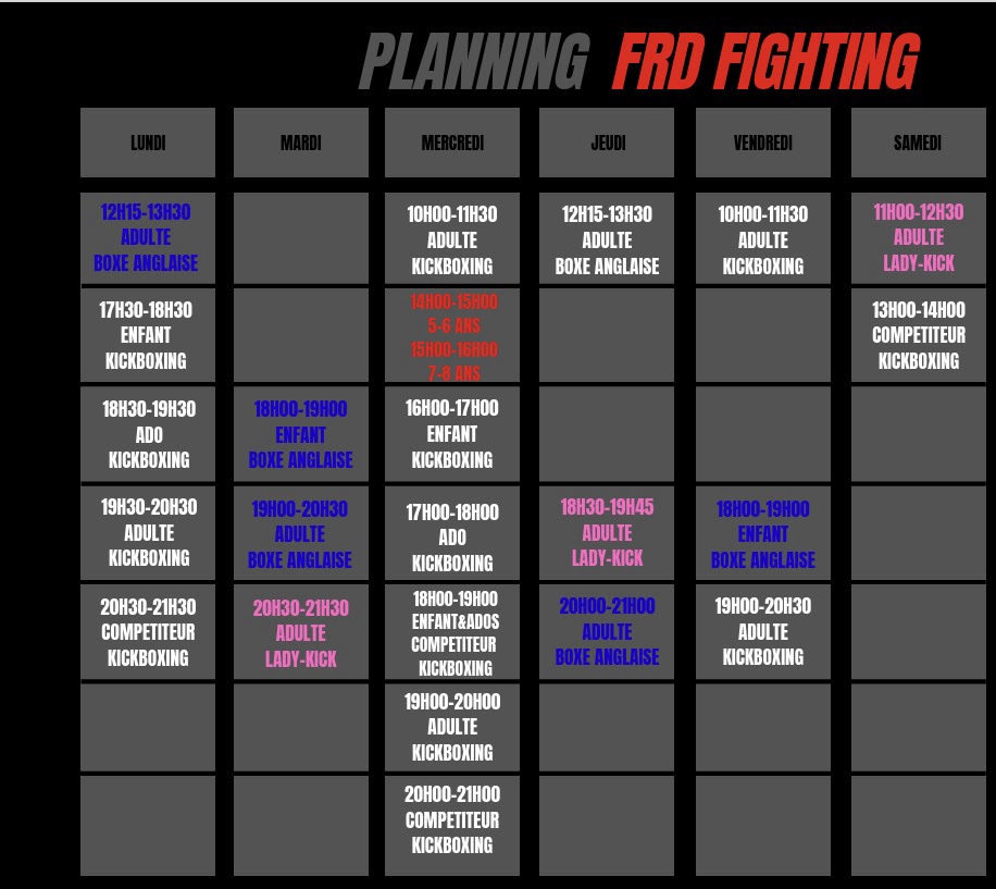 Planning des cours FRD Fighting