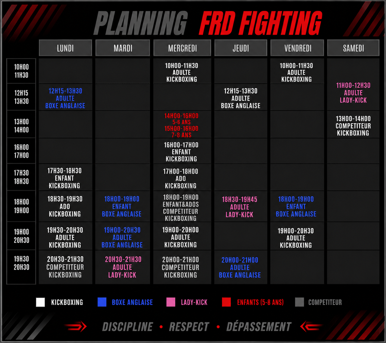Planning des cours FRD Fighting